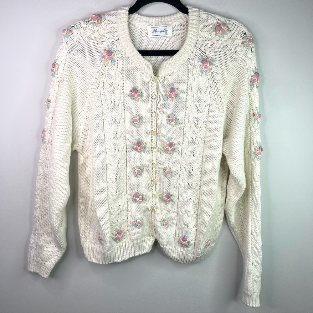 Vintage Margules Cottagecore Cream Cardigan with Floral Accents Size Large - Picture 2 of 10